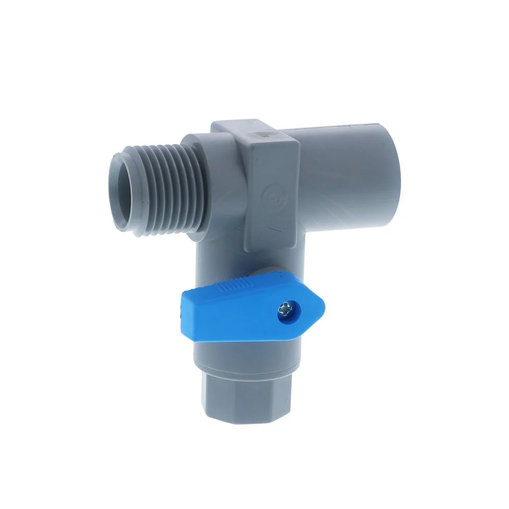 Three-Way PVC Ball Valve - 1/2" FPT x 1/2" MPT run x 1/4" FPT Branch — 20 Pack