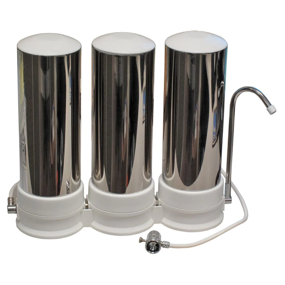 QMP604 Stainless Steel Triple Countertop Water Filter System — Stainless/Black