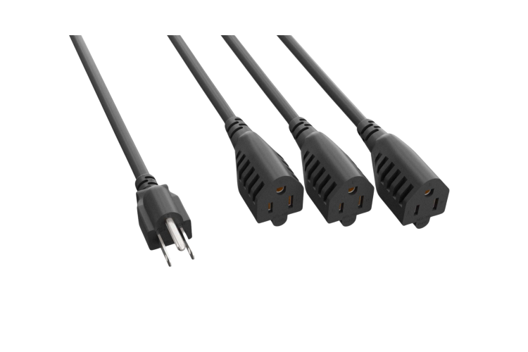 AC Power Cord 3 Way Splitter, 5-15P to 5-15R x3, 14AWG, 2ft, Black