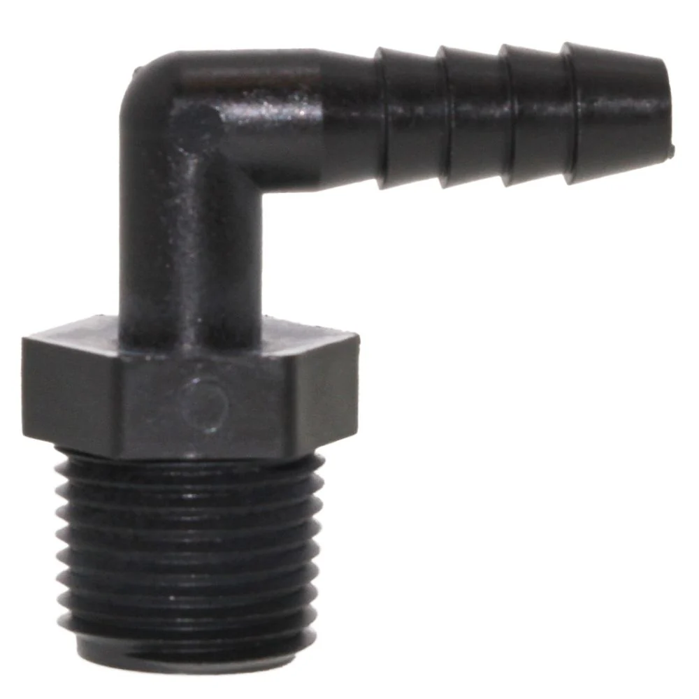 Male Elbow Barb x Male NPT - 3/8" HB x 3/8" MNPT - Black Polypropylene — Single