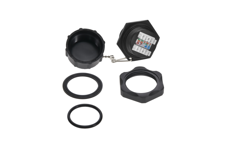 Cat6 RJ45 Shielded Industrial Panelmount Jack with Dust Cap, Weatherproof, Black
