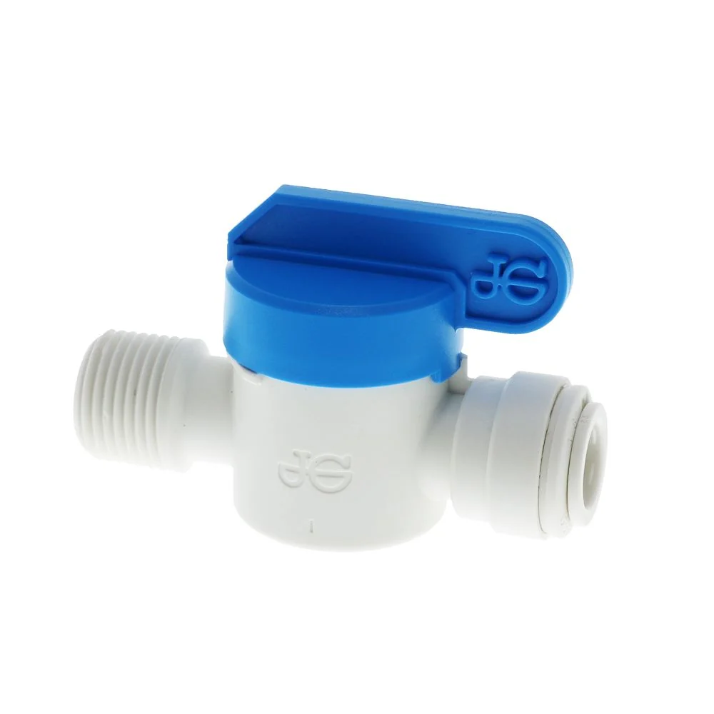 John Guest Shut-Off Valve Polypro Male NPTF - 3/8 Tube x 3/8 Male NPTF — Box of 100