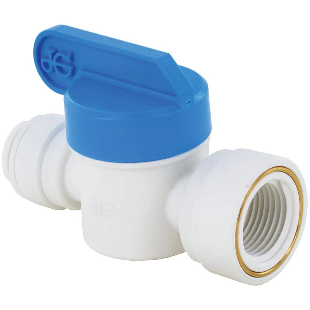 John Guest Shut-Off Valve Polypro Female NPTF - 3/8 Tube x 3/8 NPTF Female — Bag of 10