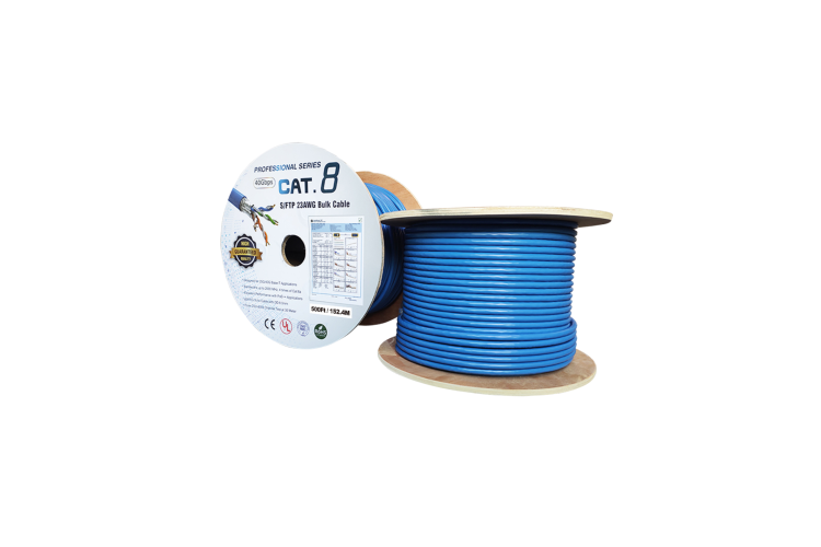 Cat8 Bulk Ethernet Cable, Shielded, Solid, CM, Spool, 500 ft, 2 Ghz, Blue