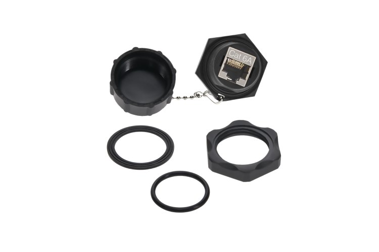 Cat6A RJ45 Shielded Industrial Panelmount Bulkhead Coupler with Dust Cap, Weatherproof, Black