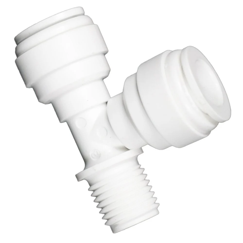 Male Run Tee Acetal 3/8 qc x 1/4 MNPT Run x 3/8 qc Branch — Box of 200