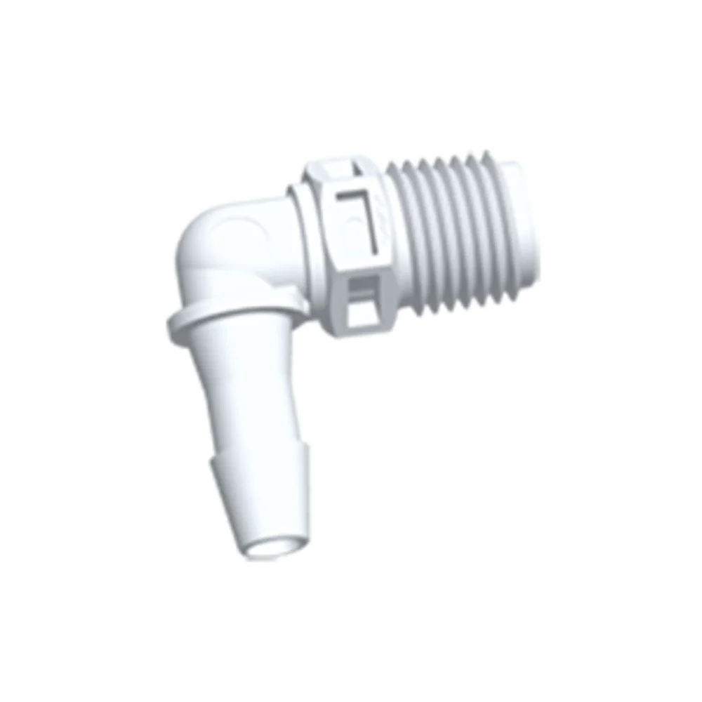 FitQuik Nylon Thread to Tube Elbow Fitting - 1/4 NPT to 1/4 Hose Barb — Single