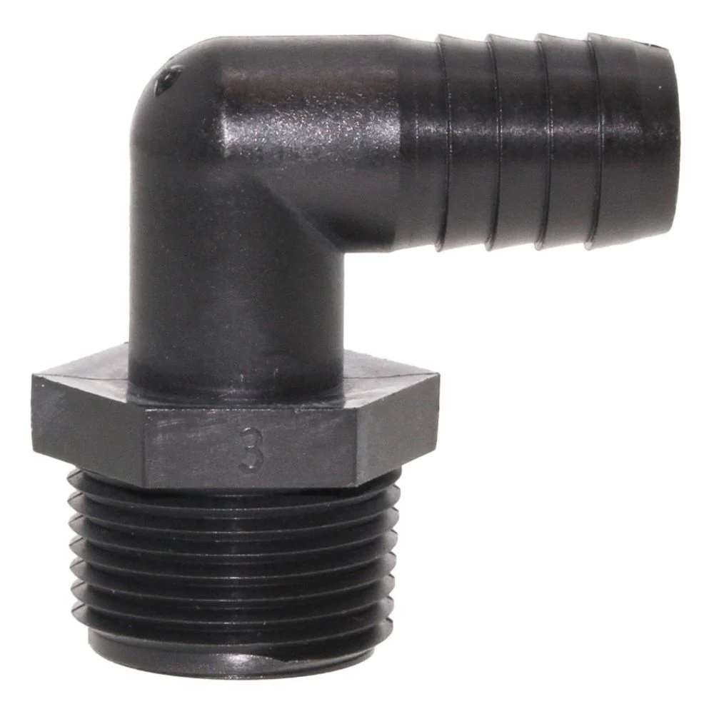Male Elbow Barb x Male NPT - 3/8" HB x 3/4" MNPT - Black Polypropylene — Box of 800