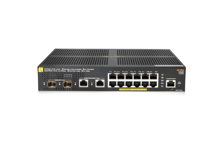 HPE Aruba 2930F Series Switch, 12 10/100/1000 PoE+ ports, 2 x 10G SFP+ Uplinks, NIB, JL693A