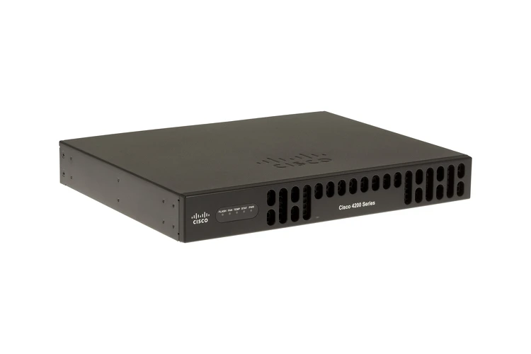 Cisco 4221 ISR with 2 onboard GE, 2 NIM slots, 1 ISC slot, 8 GB flash, 4 GB DRAM, ISR4221/K9