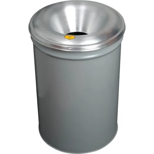 Justrite® Cease Fire® Round Waste Receptacle with Aluminum Head, 55 Gallon Capacity, Gray