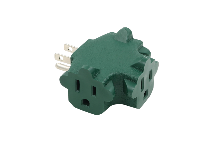 3-Outlet Grounded Power Block – T-Shape 3-Prong Adapter, Green