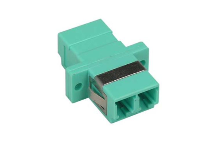 Fiber Adapter, LC/UPC Duplex Multimode, with Flange, Aqua