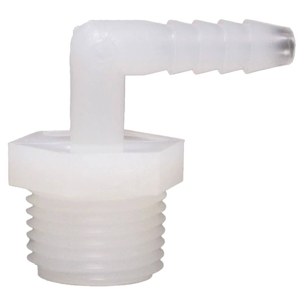 Male Elbow Barb x Male NPT - 3/8" HB x 3/8" MNPT - Natural Nylon — Bag of 25