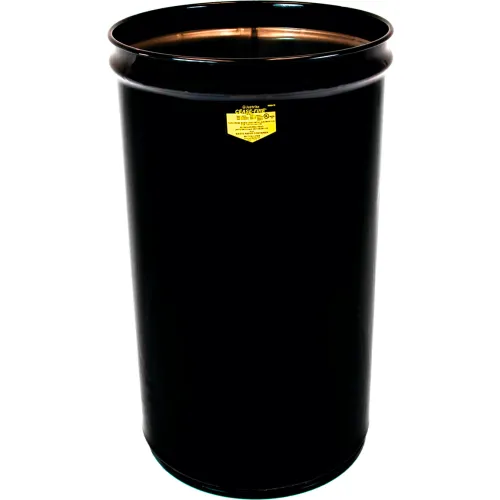 Justrite® Cease Fire® Round Waste Receptacle, Steel, 55 Gallon Capacity, Black