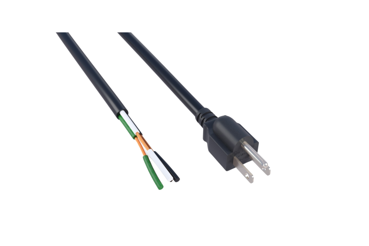 AC Power Cord, 5-15P to 3-Wire Open End, 18AWG, 8ft, Black
