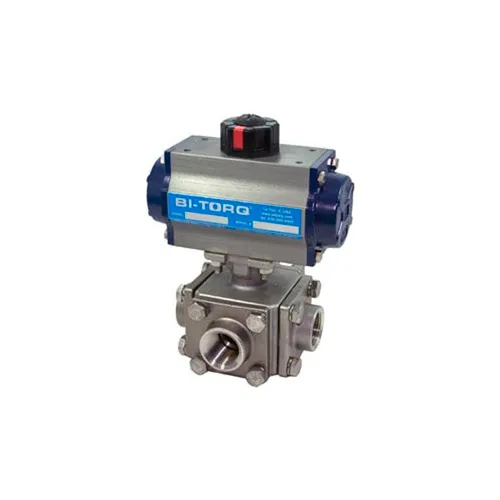 BI-TORQ 1" 3-Way L-Port SS NPT Threaded Ball Valve W/Spring Ret. Pneum. Actuator