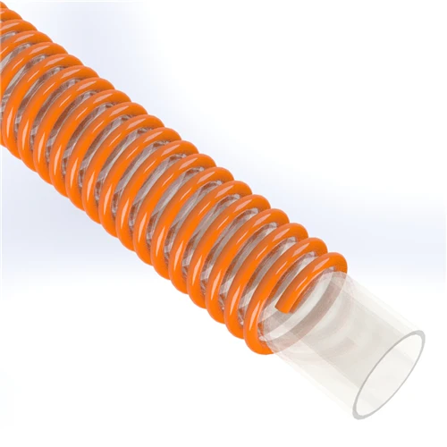 SPVC-PU-4.0-100 by Texcel | SIGMA-POLY-U™ Series | Lightweight Polyurethane Hose | 4" Hose ID | 7 PSI | 13 in/Hg Vacuum Rated | Clear w/ Orange Helix — 50' Length