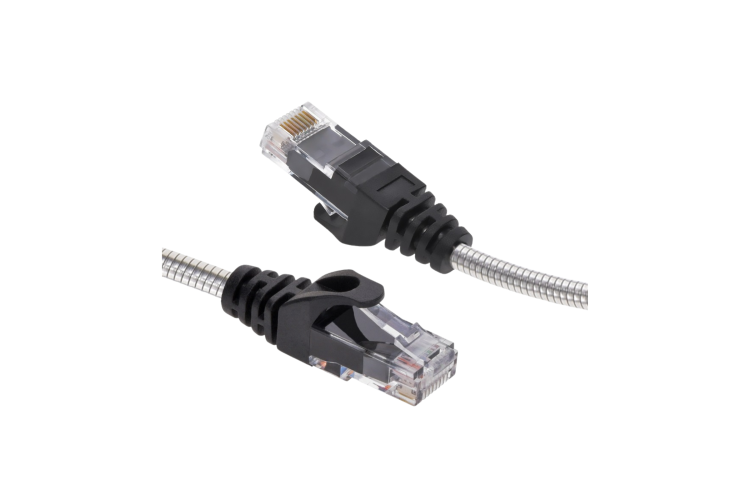 Cat6A Slim Armored Ethernet Patch Cable, Stainless Steel, 50ft