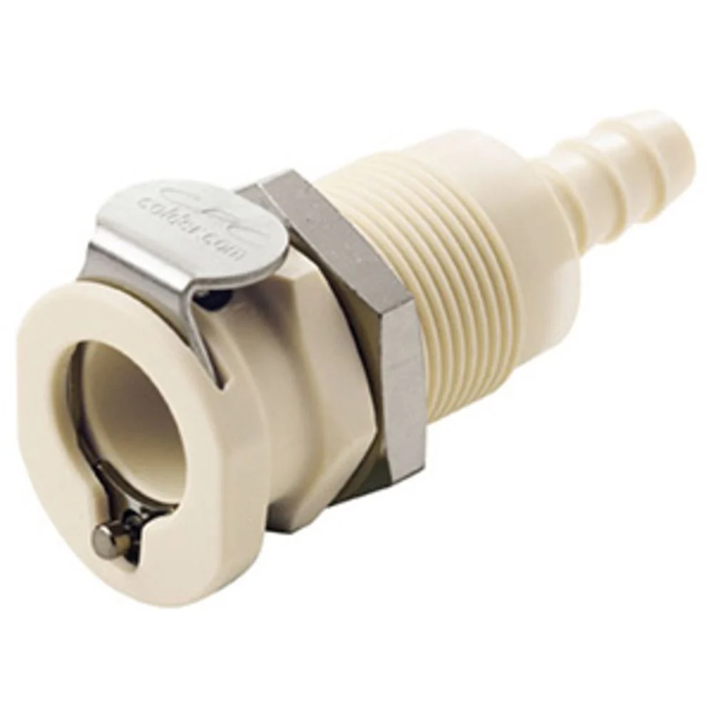 PLCD1600412 Valved Panel Mount Hose Barb Coupling Body 1/4 ID Barb — Bag of 25