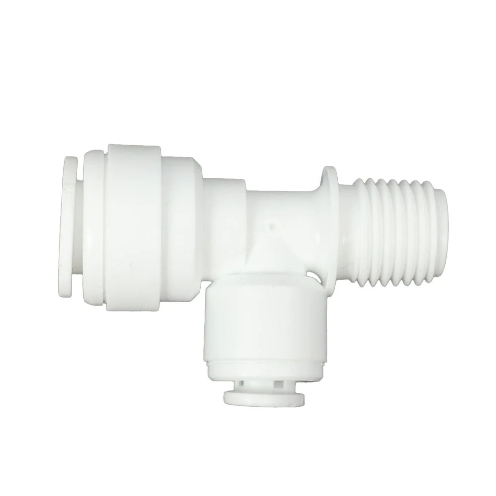 Male Run Tee Acetal 3/8 qc x 1/4 MNPT Run x 1/4 qc Branch — Bag of 10