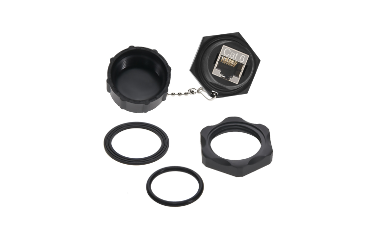 Cat6 RJ45 Shielded Industrial Panelmount Bulkhead Coupler with Dust Cap, Weatherproof, Black