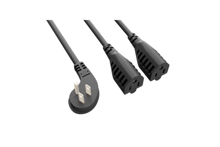 AC Power Cord 2 Way Splitter, 5-15P Low Profile Angled to 5-15R x2, 14AWG, 3ft, Black