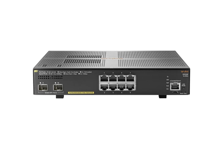 HPE Aruba 2930F Series Switch, 8 10/100/1000 PoE+ ports, 2 x 10G SFP+ Uplinks, Factory Sealed, JL258A