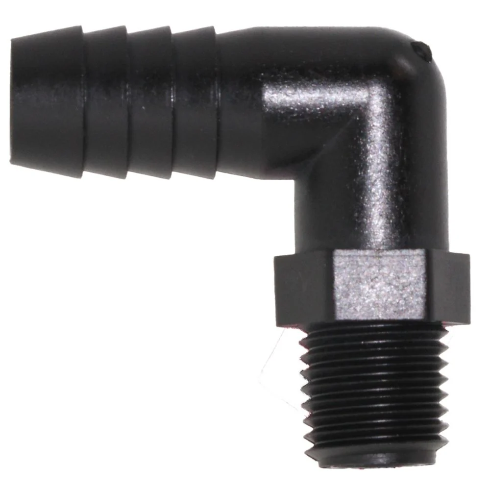 Male Elbow Barb x Male NPT - 1/2" HB x 1/4" MNPT - Black Polypropylene — Bag of 25
