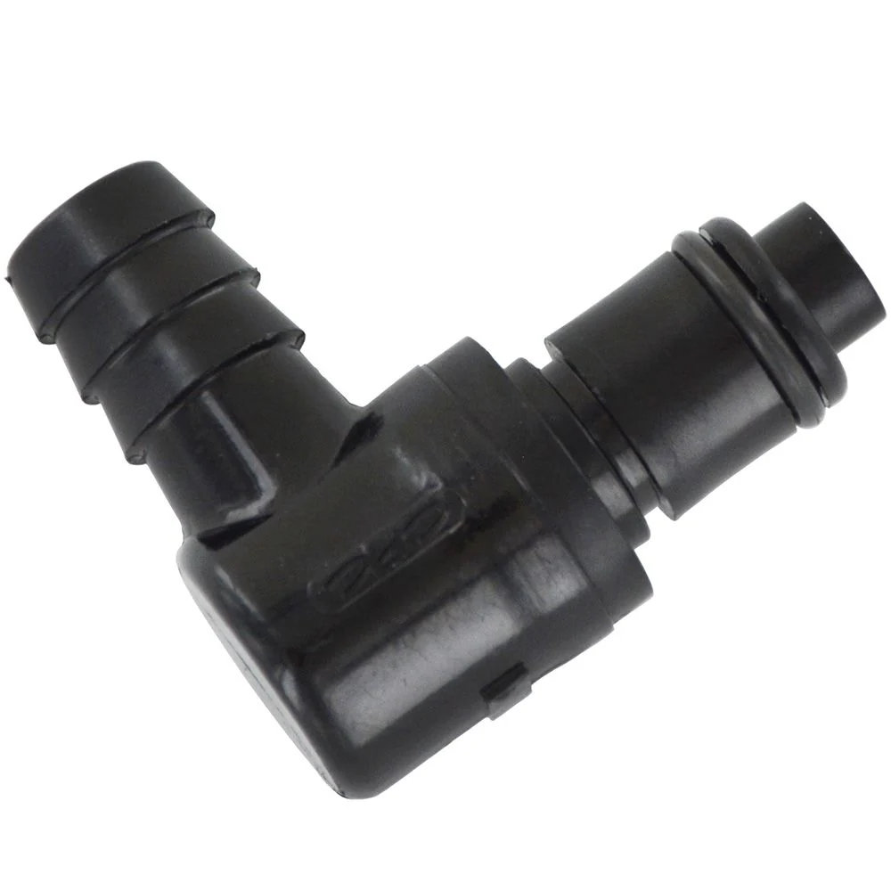 PLCD23005VMBLK Valved Black Elbow Hose Barb Coupling Insert 5/16 ID Barb FKM (Viton) O-rings — Single