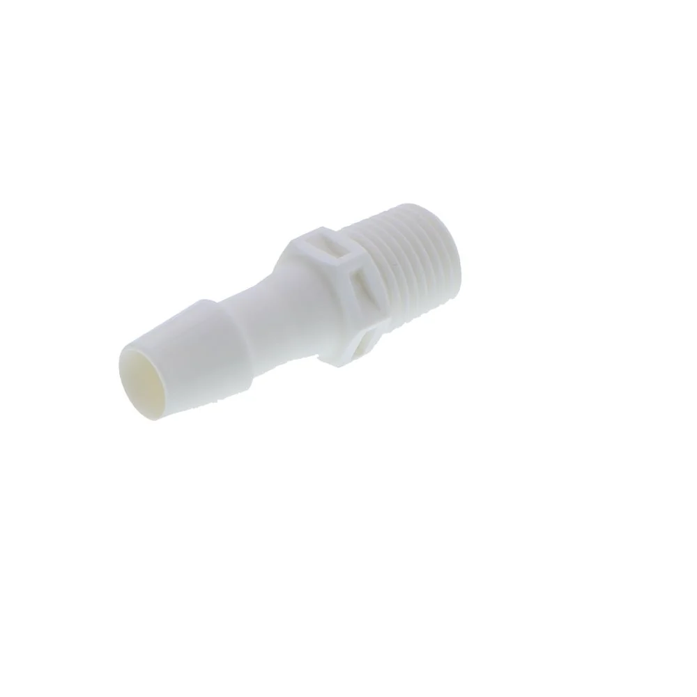 FitQuik Nylon Thread to Tube Straight Fitting - 1/4 NPT to 3/8 Hose Barb - White — Bag of 100