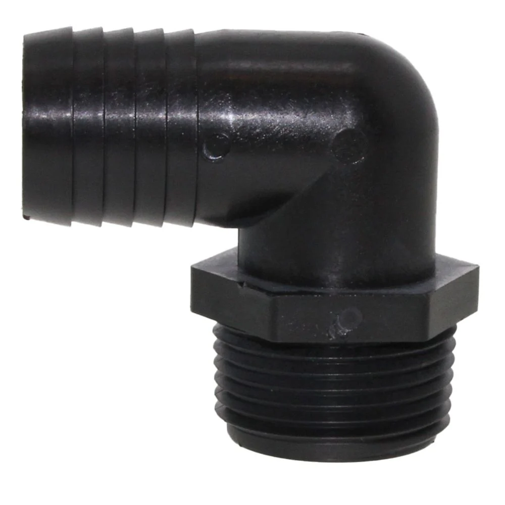 Male Elbow Barb x Male NPT - 1" HB x 3/4" MNPT - Black Polypropylene — Box of 300