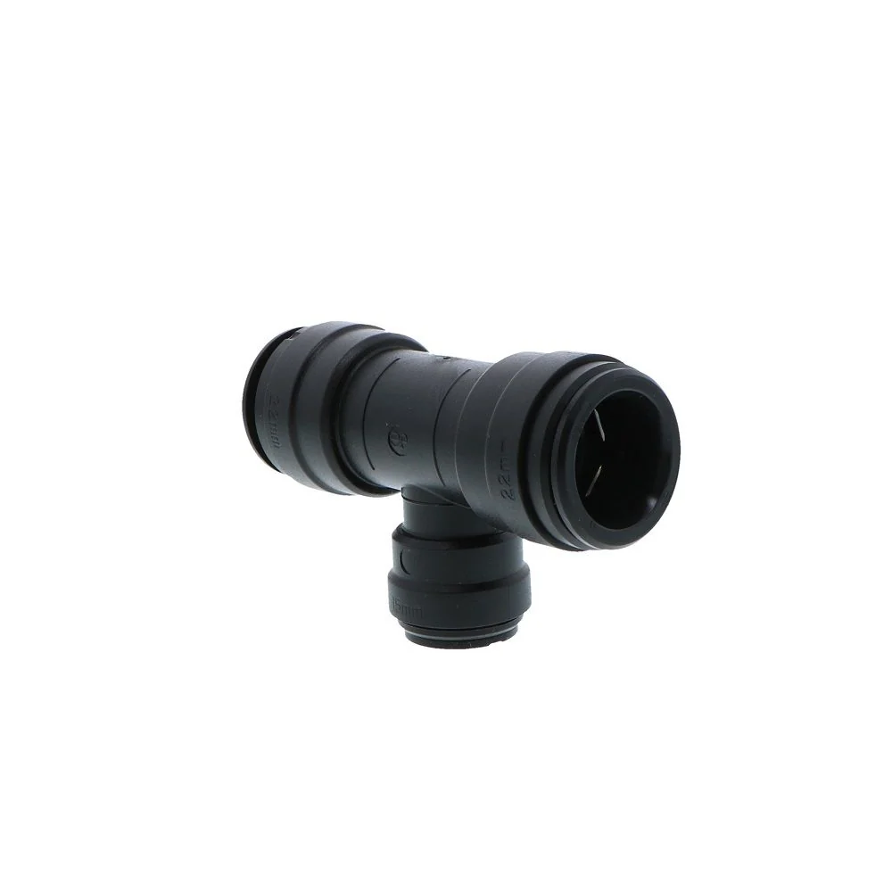 John Guest Reducing Tee BLACK ACETAL - 22mm x 22mm x 15mm — Bag of 5