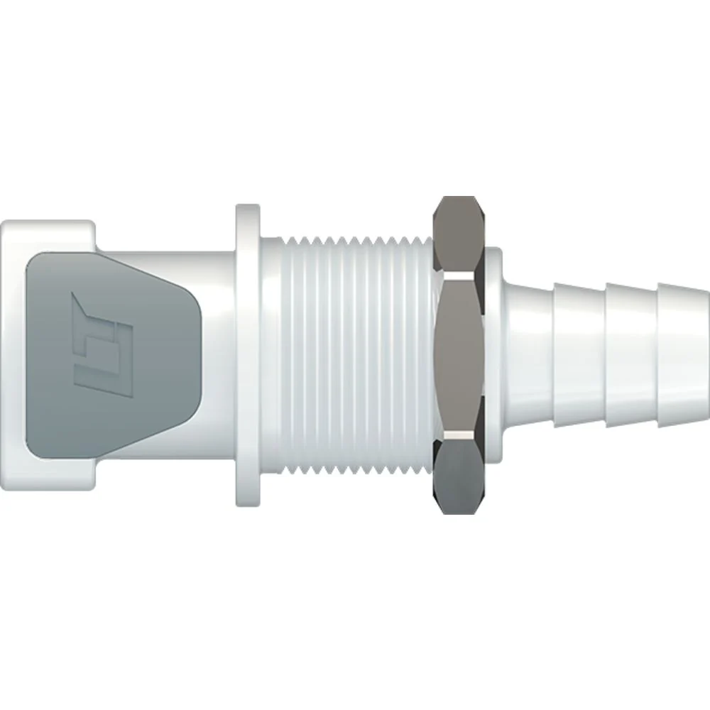 LinkTech 50AC Series Panel Mt. Female, Valved, 3/8" HB, Natural Acetal, Buna N — Box of 1000