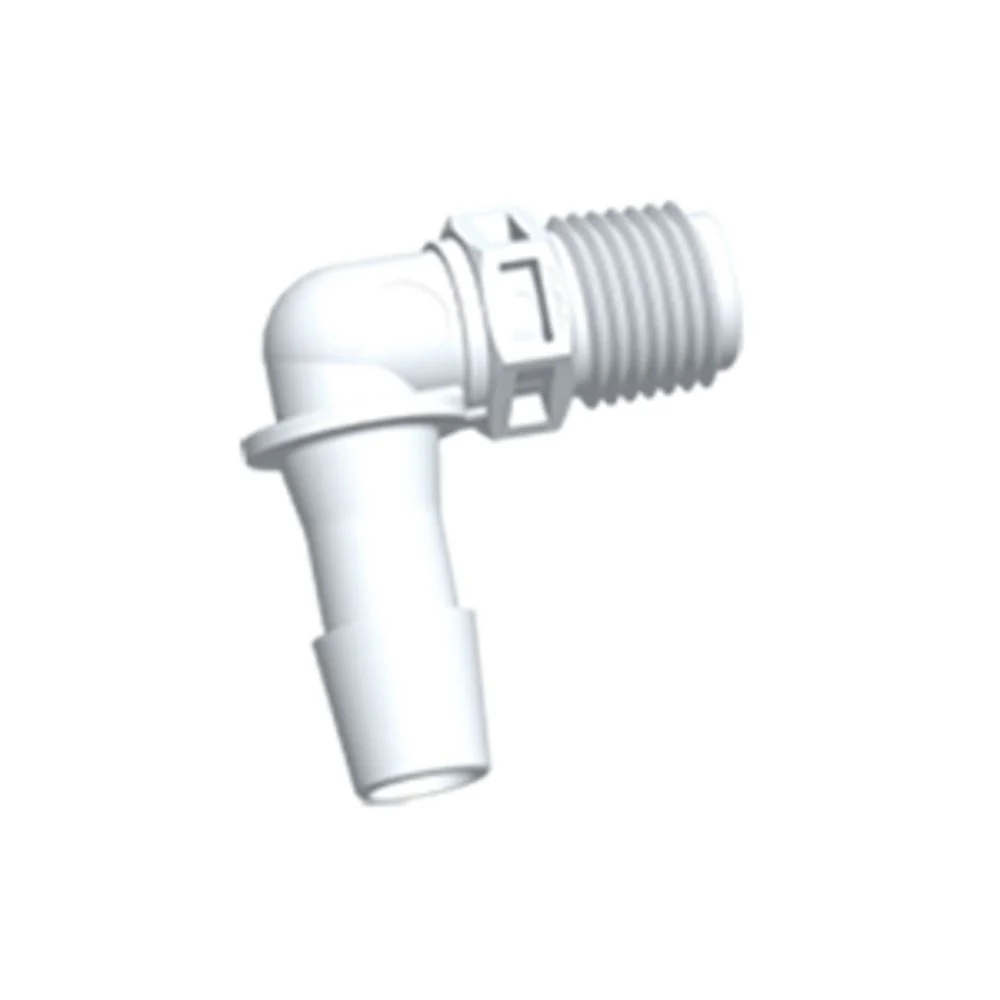 FitQuik Nylon Thread to Tube Elbow Fitting - 1/4 NPT to 3/8 Hose Barb — Bag of 100