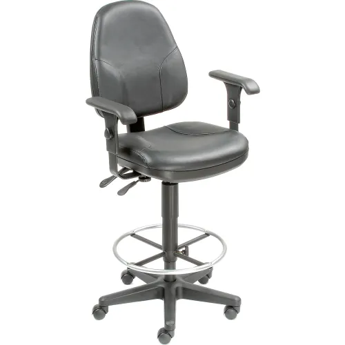 Interion® Leather Operator Stool with Arms - 360° Footrest - Black